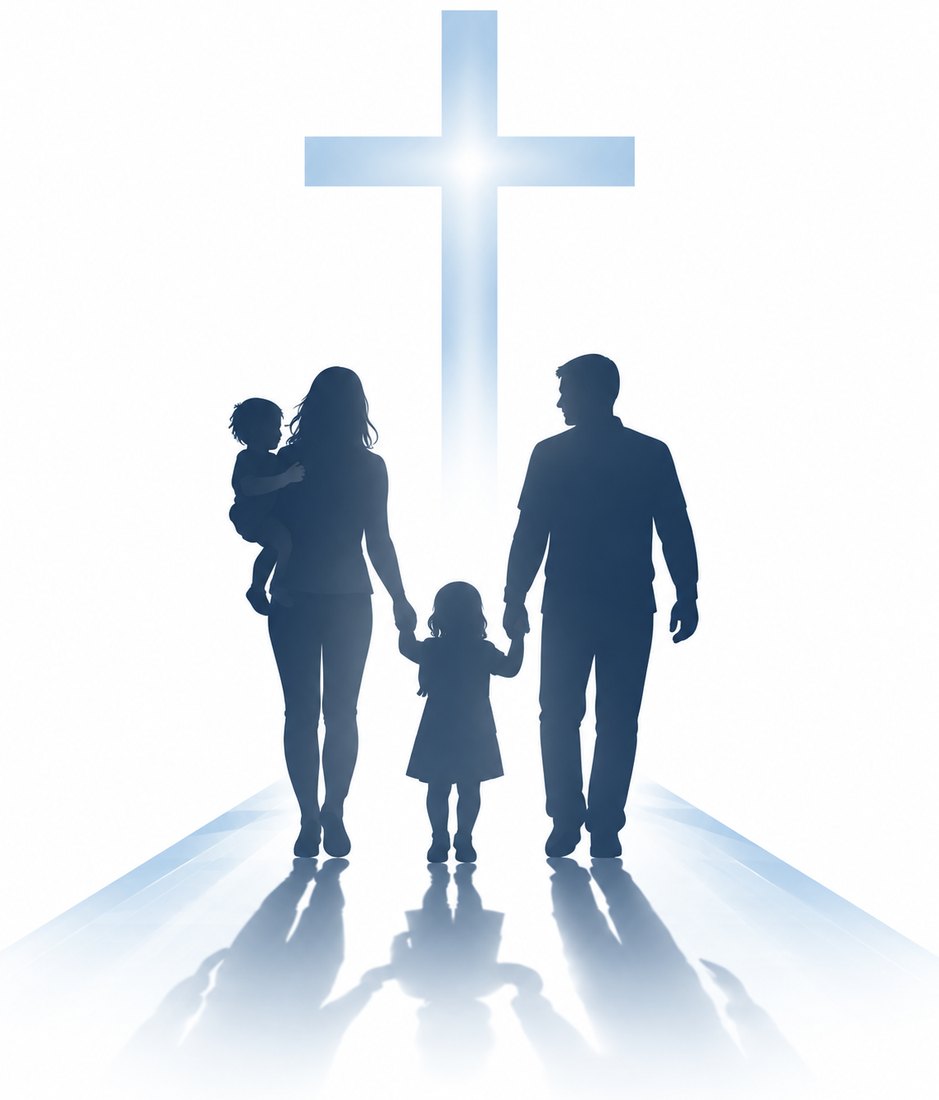 A family walking together toward a cross